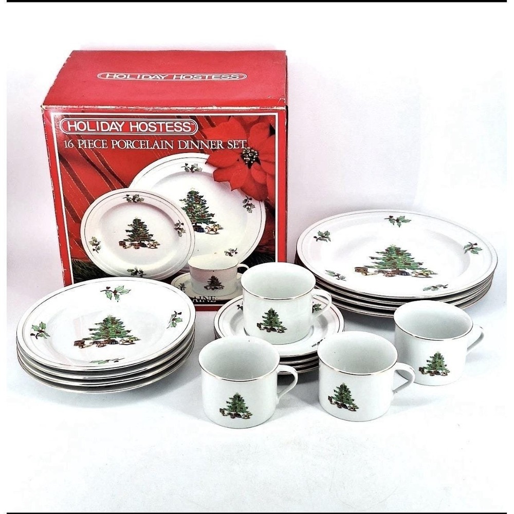 Holiday Hostess Tienshan VTG 16 Piece Porcelain Dinner‎ Set Christmas Dinnerware